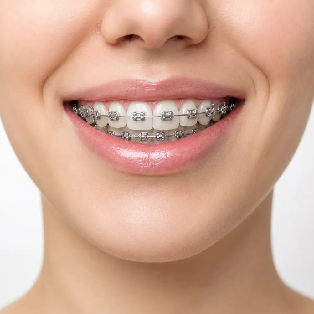 Sonrisa con brackets tradicionales metálicos