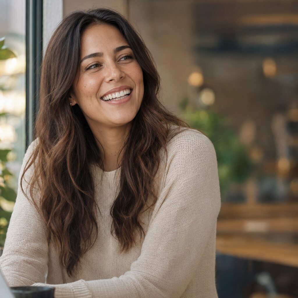 Mujer sonriendo con alineadores invisibles goaligner
