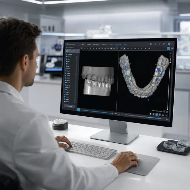 Ortodoncista planificando digitalmente la alineacion de los dientes con los alineadores invisibles goaligner